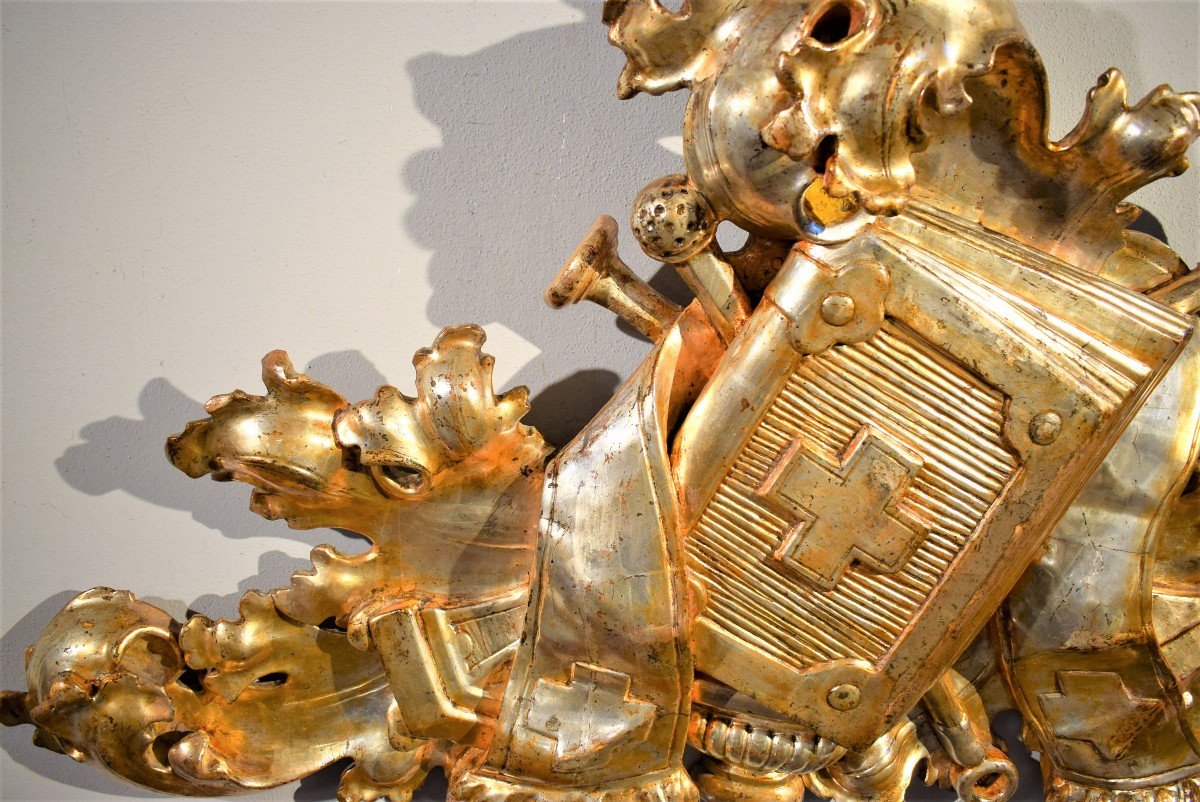 Superbe couronnement de chaire baroque en bois sculpté et doré, Italie XVIIème-photo-2