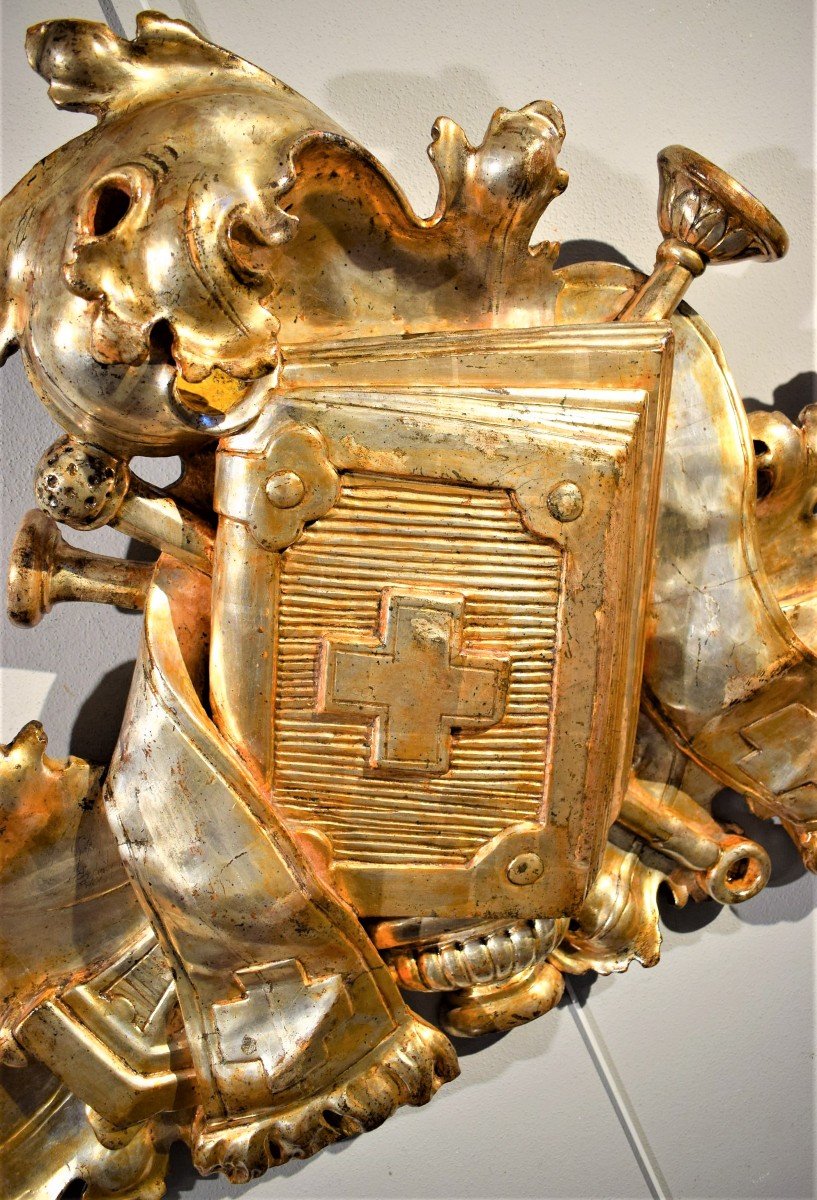 Superbe couronnement de chaire baroque en bois sculpté et doré, Italie XVIIème-photo-3