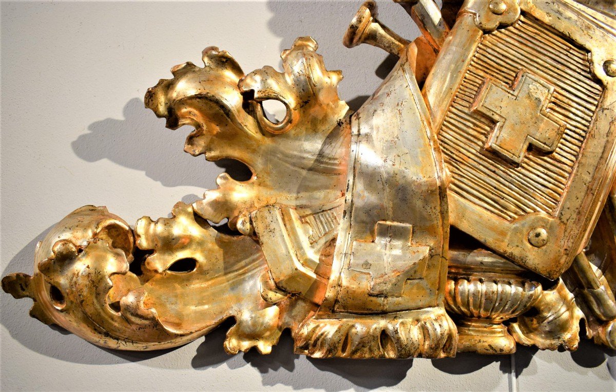 Superbe couronnement de chaire baroque en bois sculpté et doré, Italie XVIIème-photo-4