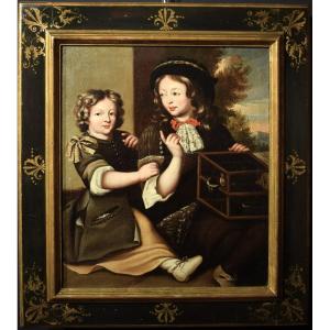 Bambini con gabbietta - Bottega di Pierre Mignard  (Troyes 1612 - Parigi 1695)