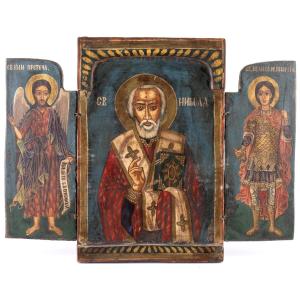 Icona Russa da viaggio  - San Nicola, San Giovanni e San Giorgio.