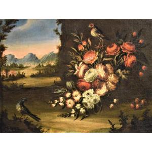 Natura morta di fiori con paesaggio - scuola veneta del '700