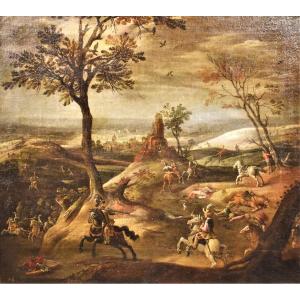 Assalto al villaggio con scontro tra cavalieri - Maestro Fiammingo del XVII° secolo