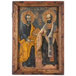 Antica icona Greca raffigurante i Santi Pietro e Paolo,  secolo XVIII