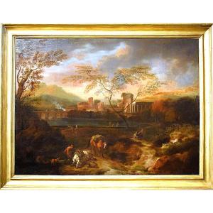 Paesaggio Idilliaco al tramonto - Bottega di Johann Heinrich Roos ( 1631-1685)