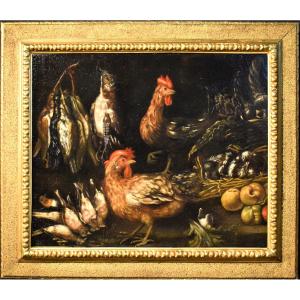 Natura morta con galli e cacciagione - Angelo Maria Crivelli (Milano1660-1730)