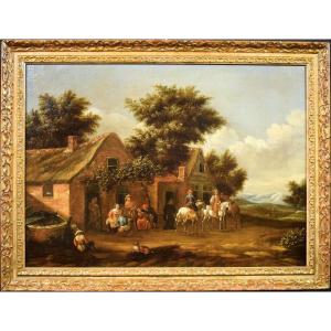 Personaggi e cavalieri nel cortile dell'osteria. - David Teniers II, (1610-1690)