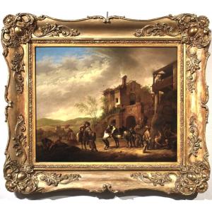 La sosta dei cavalieri al villaggio - Maestro fiammingo - Epoca metà XIX secolo