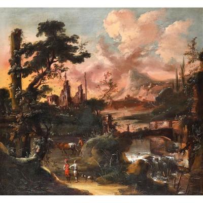 Paysage Fantastique Au Choucher Du Soleil Antonio Stom (Venise1688-1734)