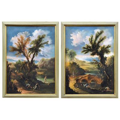 Paire De Paysages Italiens Signés Et Datés 1709