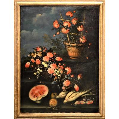 Nature Morte De Fleurs Et Fruit - Francesco Lavagna - Début Du XVIIIéme