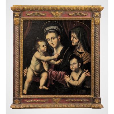 Vierge à l' Enfant, St. Jean Baptiste Et St. Anne - Renaissance Italienne 