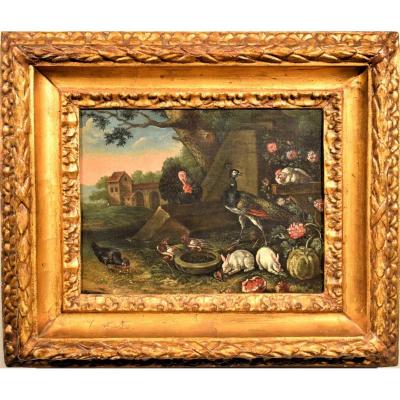 "Cour avec animaux et fleurs" ècole Flamand du XVIIème