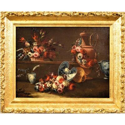 Nature Morte avec  pots de Fleurs  et  poterie - Italie XVIIIème