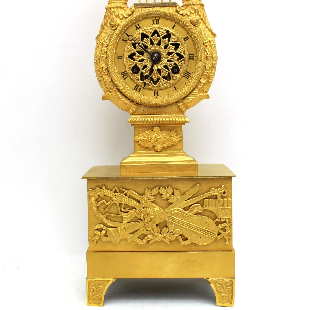 Antico Orologio a Pendolo "Lira" Impero in bronzo dorato - 19°secolo -photo-1