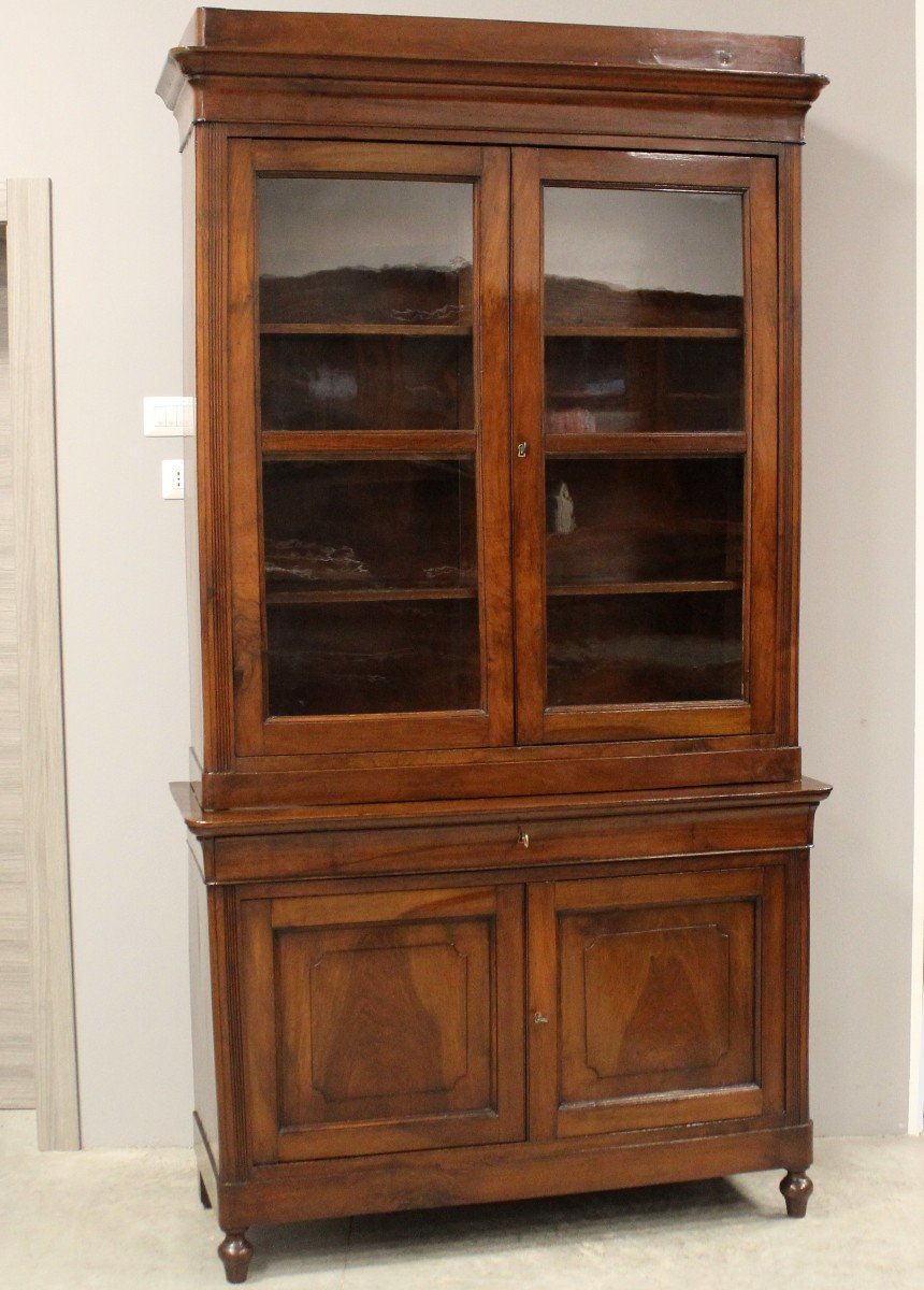 Antica credenza vetrina cappuccina Luigi Filippo in noce - Italia 19°secolo-photo-2