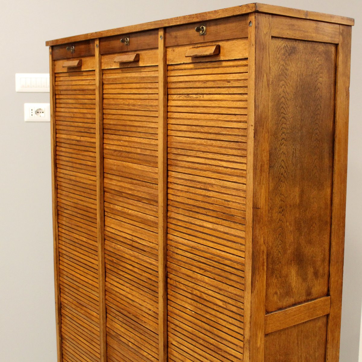 Antico classificatore archivio schedario serranda in rovere-photo-4