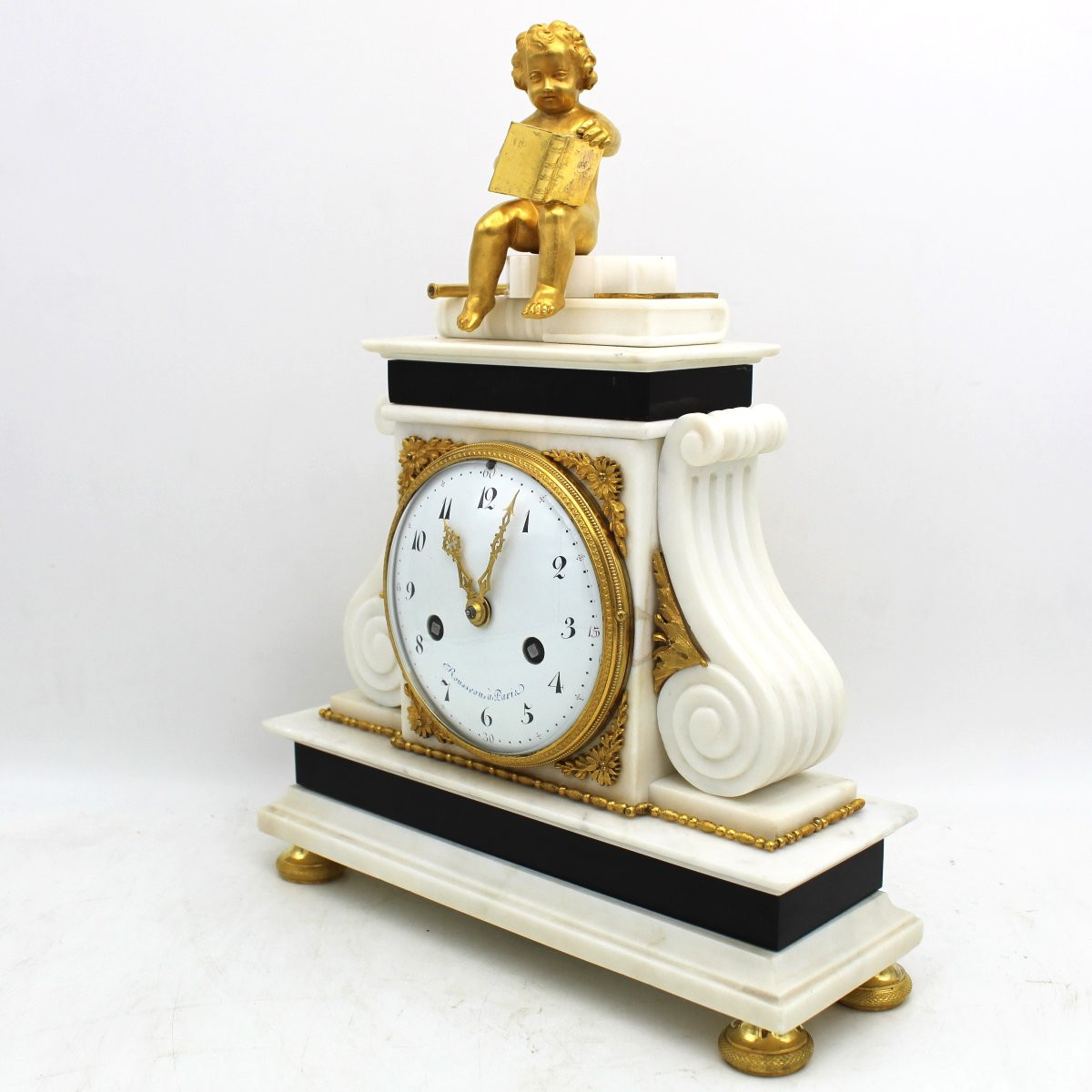 Antico Orologio a Pendolo Luigi XVI in bronzo dorato e marmo - 18°secolo firmato-photo-3