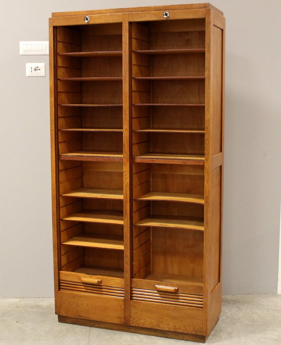 Antico classificatore serranda archivio schedario in rovere-photo-2