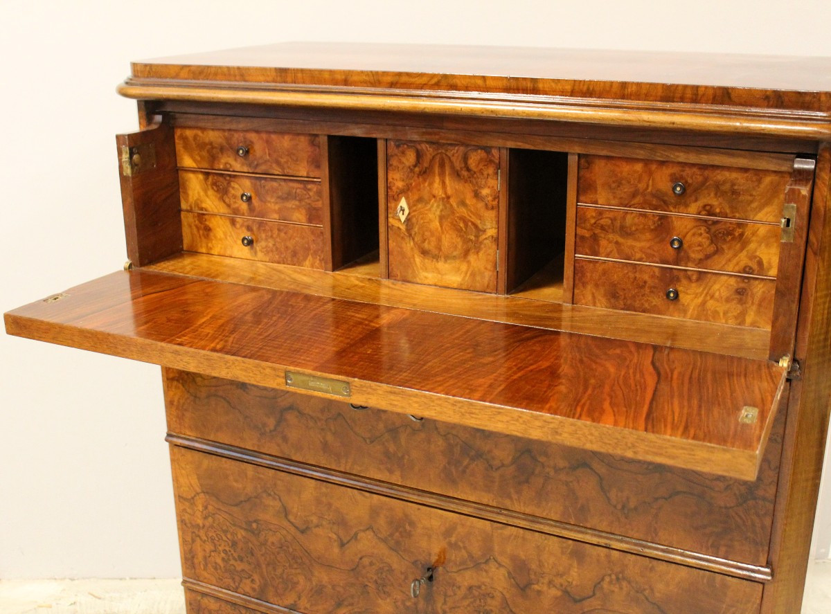 Antico cassettone comò ribalta Biedermeier in noce - 19°secolo-photo-7