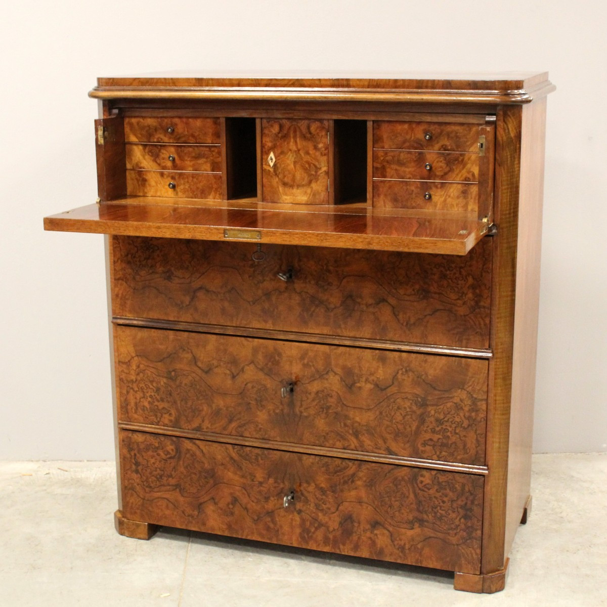 Antico cassettone comò ribalta Biedermeier in noce - 19°secolo