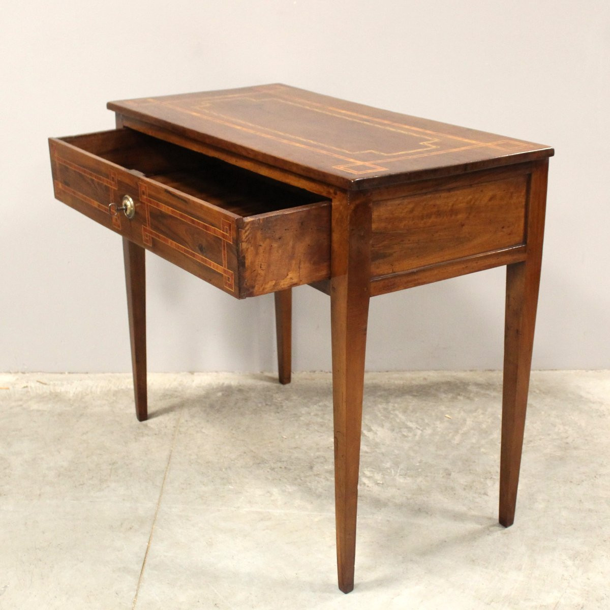 Antico scrittoio tavolino console Luigi XVI in noce intarsiato - Italia 18°secolo-photo-4
