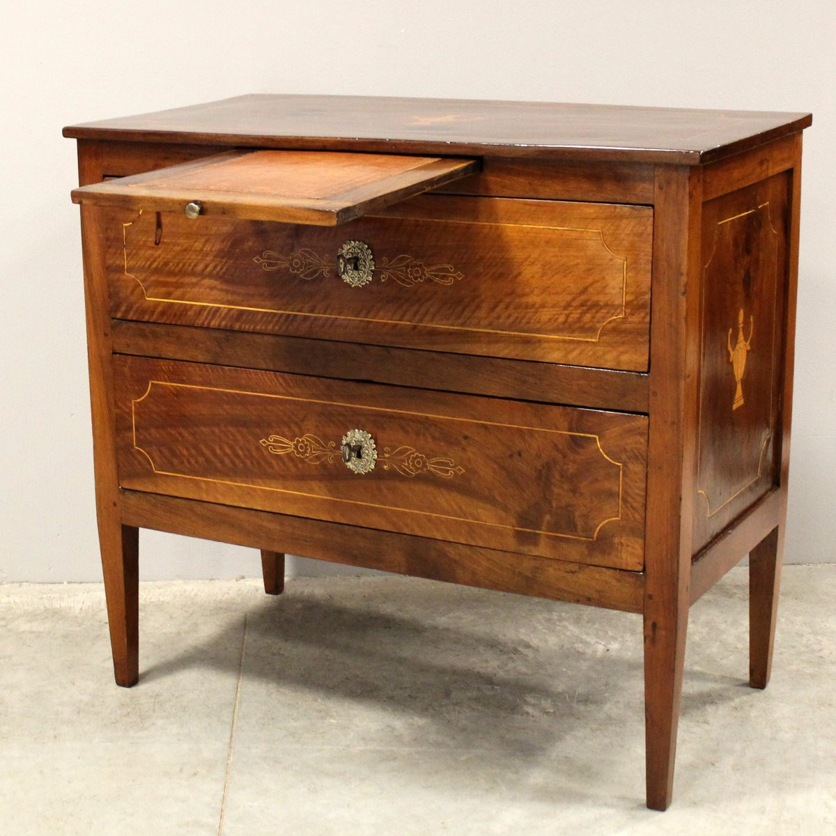 Antico cassettone comò Luigi XVI in noce intarsiato - Italia 18°secolo-photo-3
