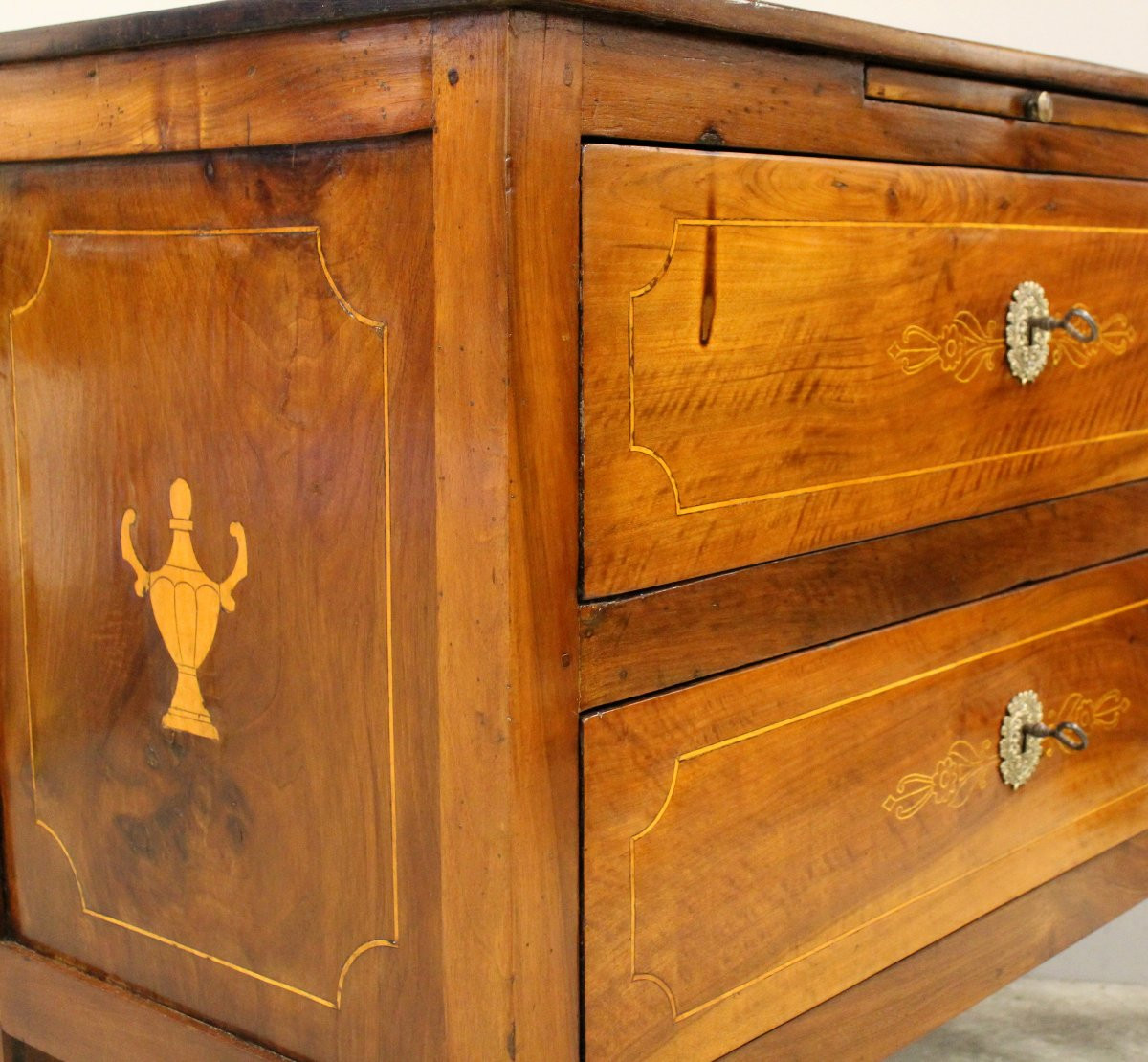Antico cassettone comò Luigi XVI in noce intarsiato - Italia 18°secolo-photo-6
