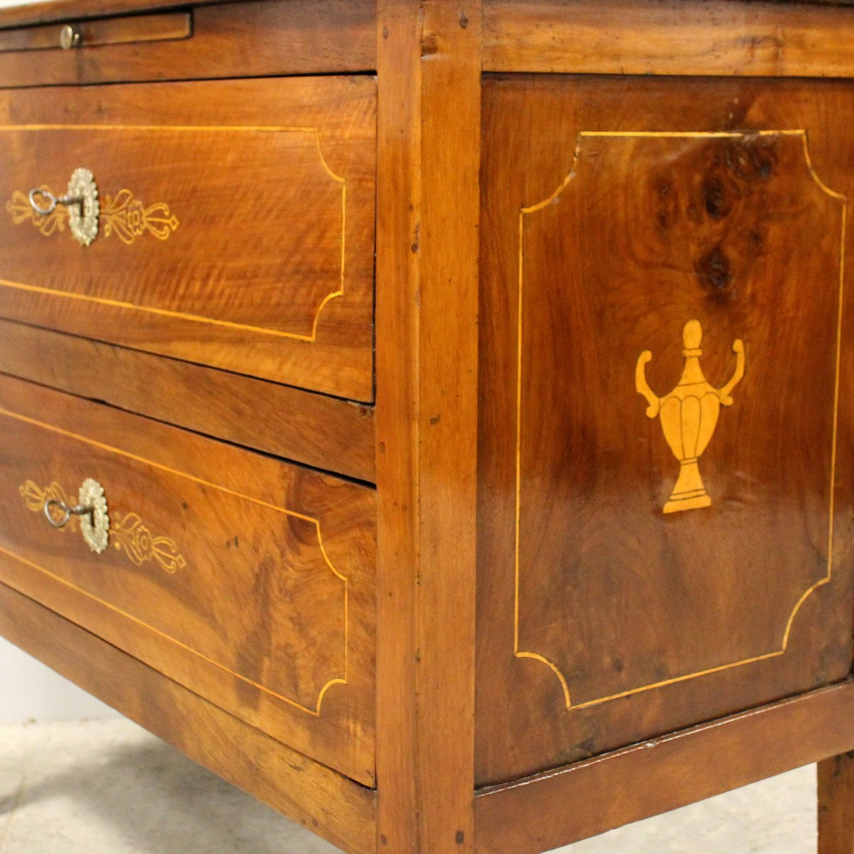 Antico cassettone comò Luigi XVI in noce intarsiato - Italia 18°secolo-photo-7