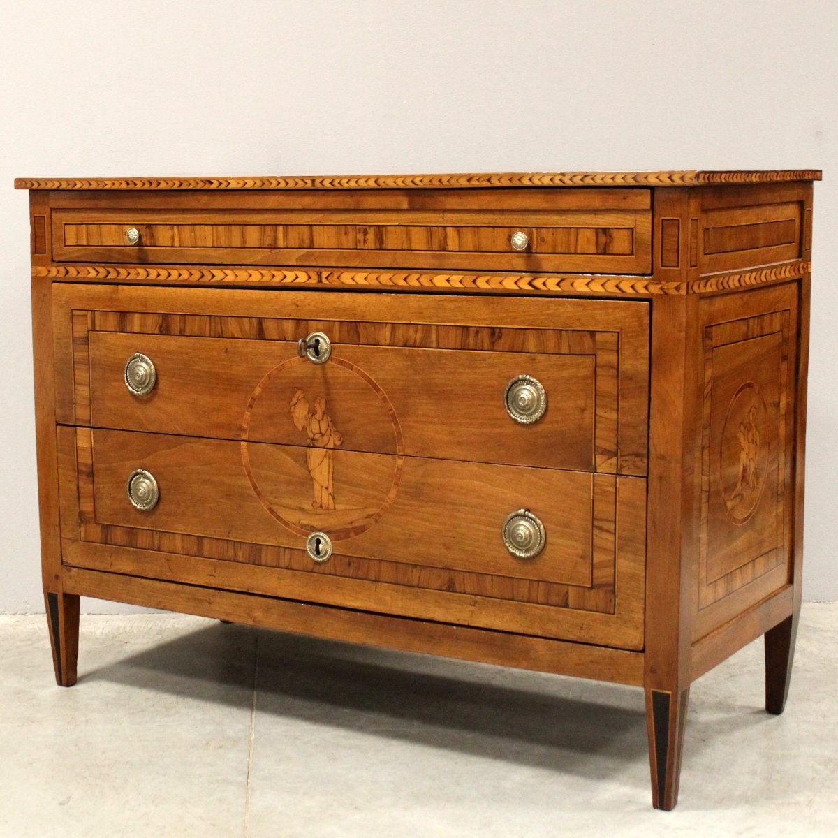 Antico cassettone comò Luigi XVI in noce intarsiato - Italia 18°secolo-photo-2