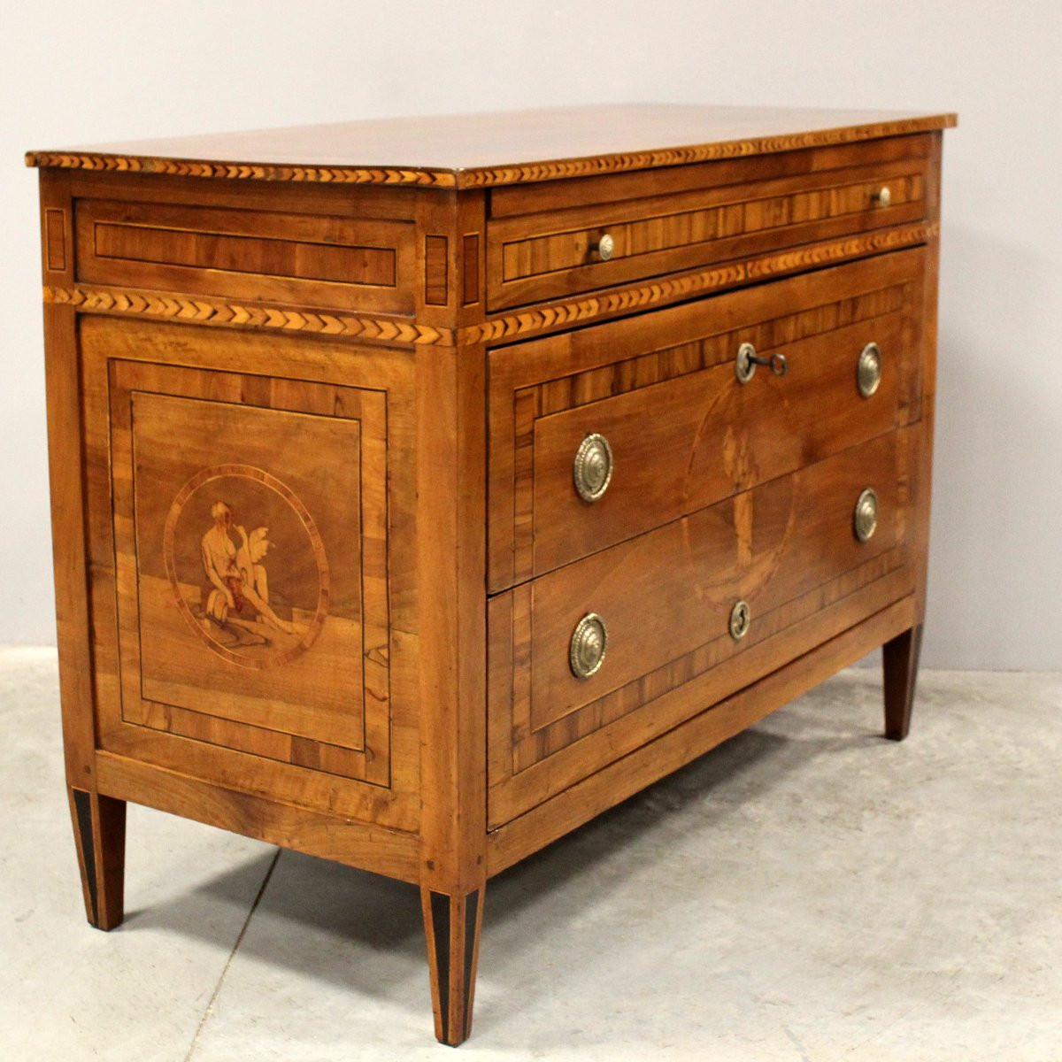 Antico cassettone comò Luigi XVI in noce intarsiato - Italia 18°secolo-photo-3