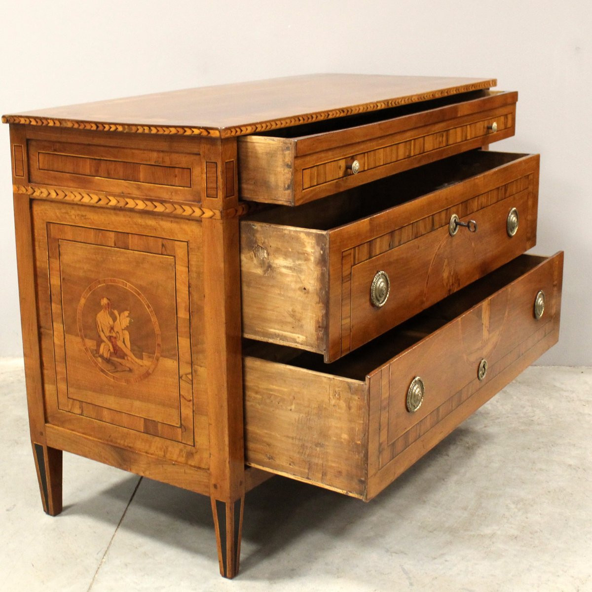 Antico cassettone comò Luigi XVI in noce intarsiato - Italia 18°secolo-photo-1