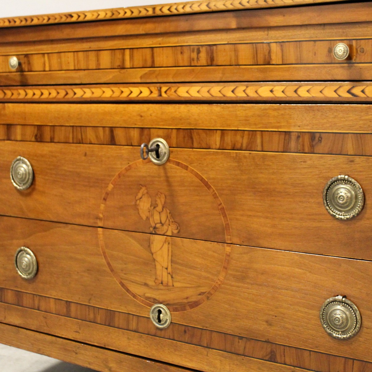 Antico cassettone comò Luigi XVI in noce intarsiato - Italia 18°secolo-photo-7
