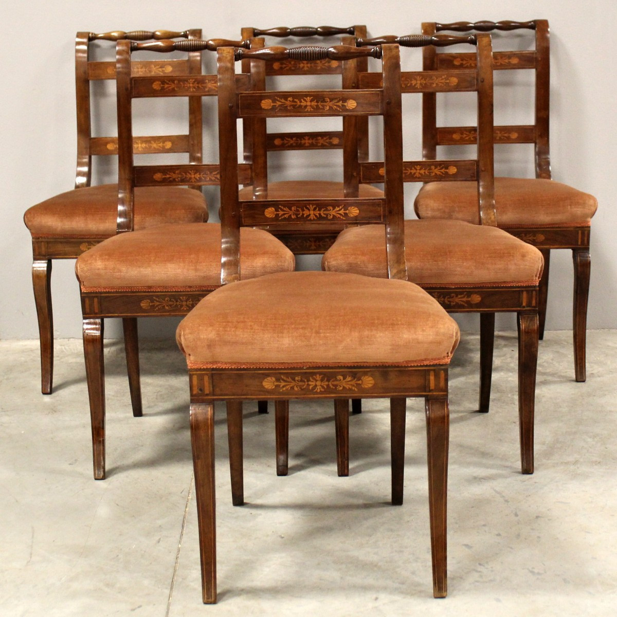 Antico set di 6 sedie Carlo X in noce intarsiate - Italia 19°secolo-photo-2