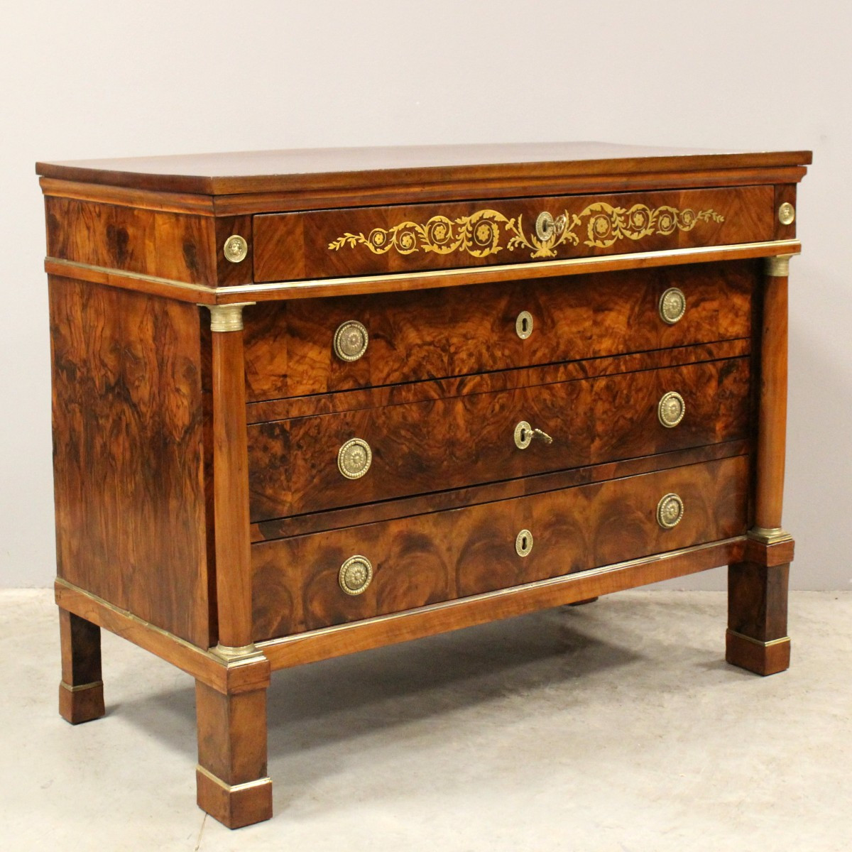 Antico cassettone comò Impero in noce intarsiato - Italia 19°secolo