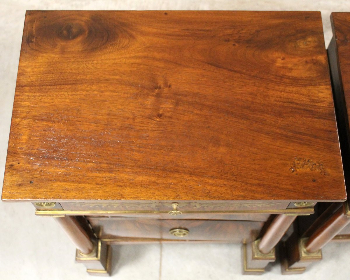 Antica coppia comodini Impero in noce intarsiati - Italia 19°secolo-photo-4