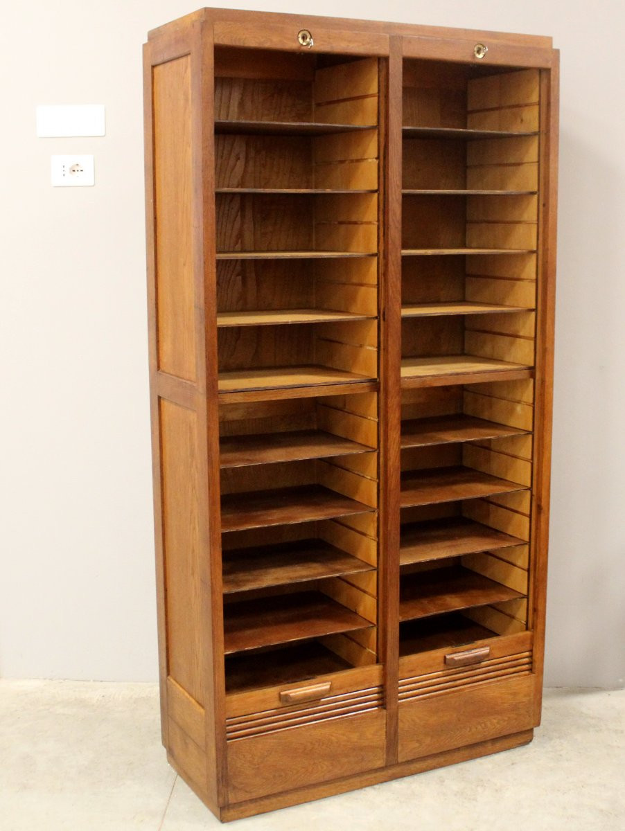 Antico classificatore serranda archivio schedario in rovere-photo-1