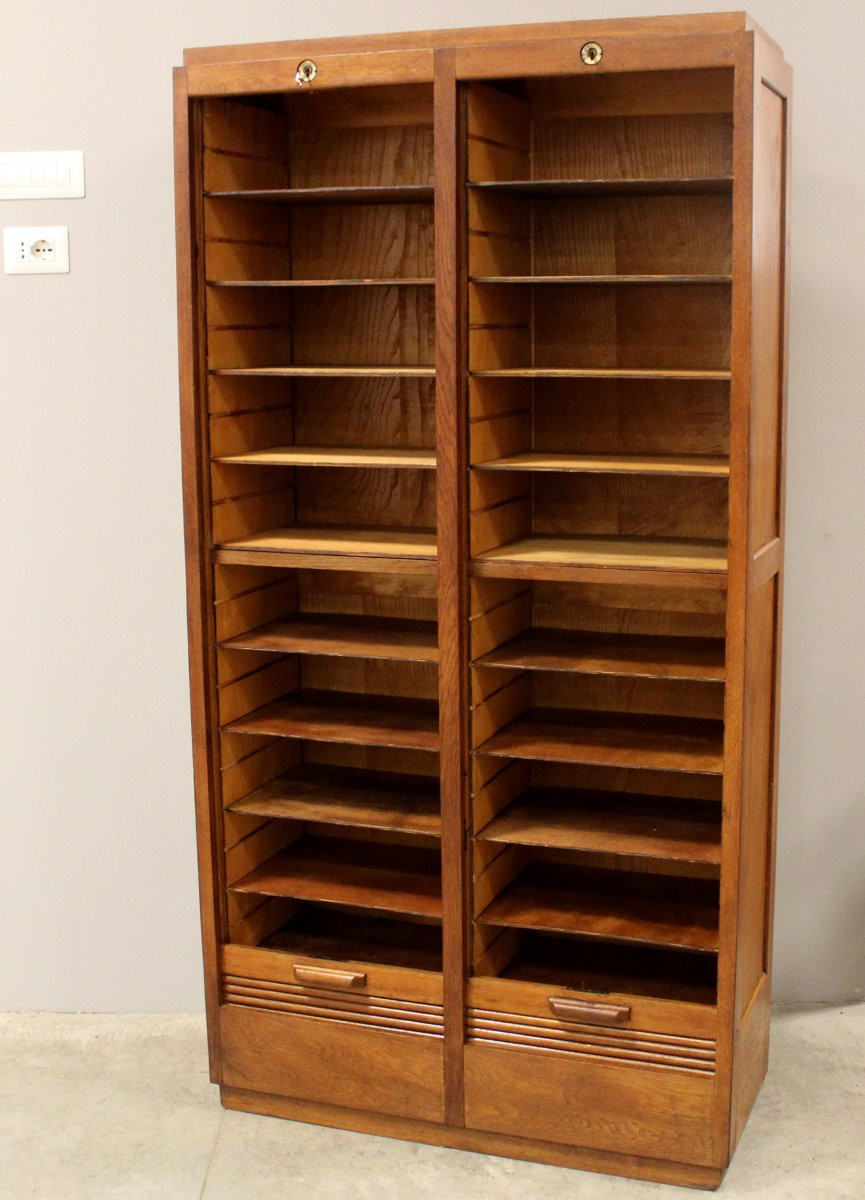 Antico classificatore serranda archivio schedario in rovere-photo-2