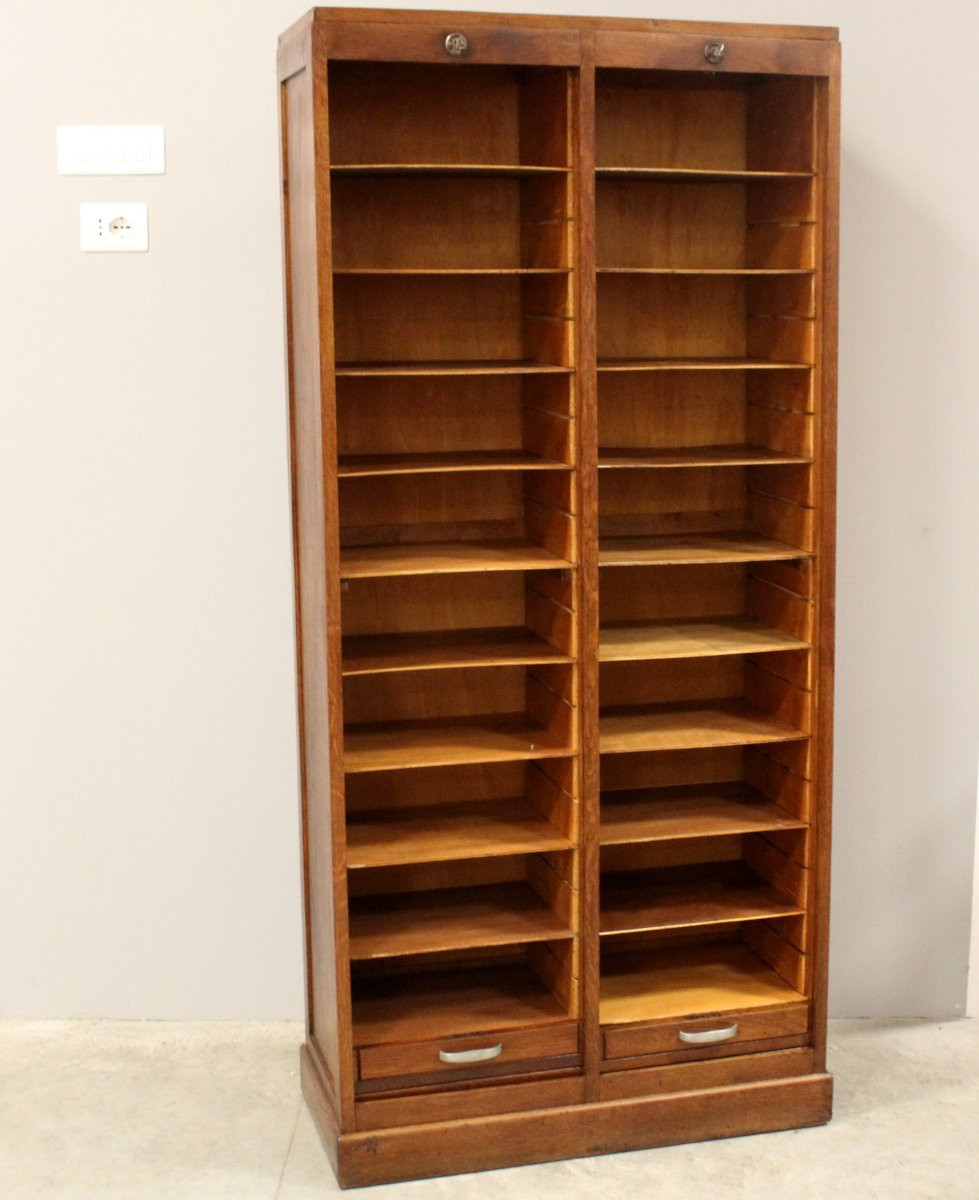 Antico classificatore serranda archivio schedario in rovere-photo-4