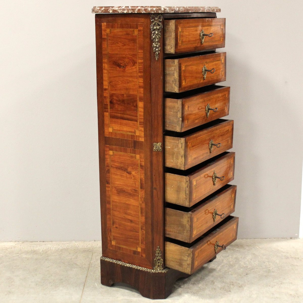 Antico settimanale settimino cassettiera Napoleone III intarsiato - 19°secolo-photo-4