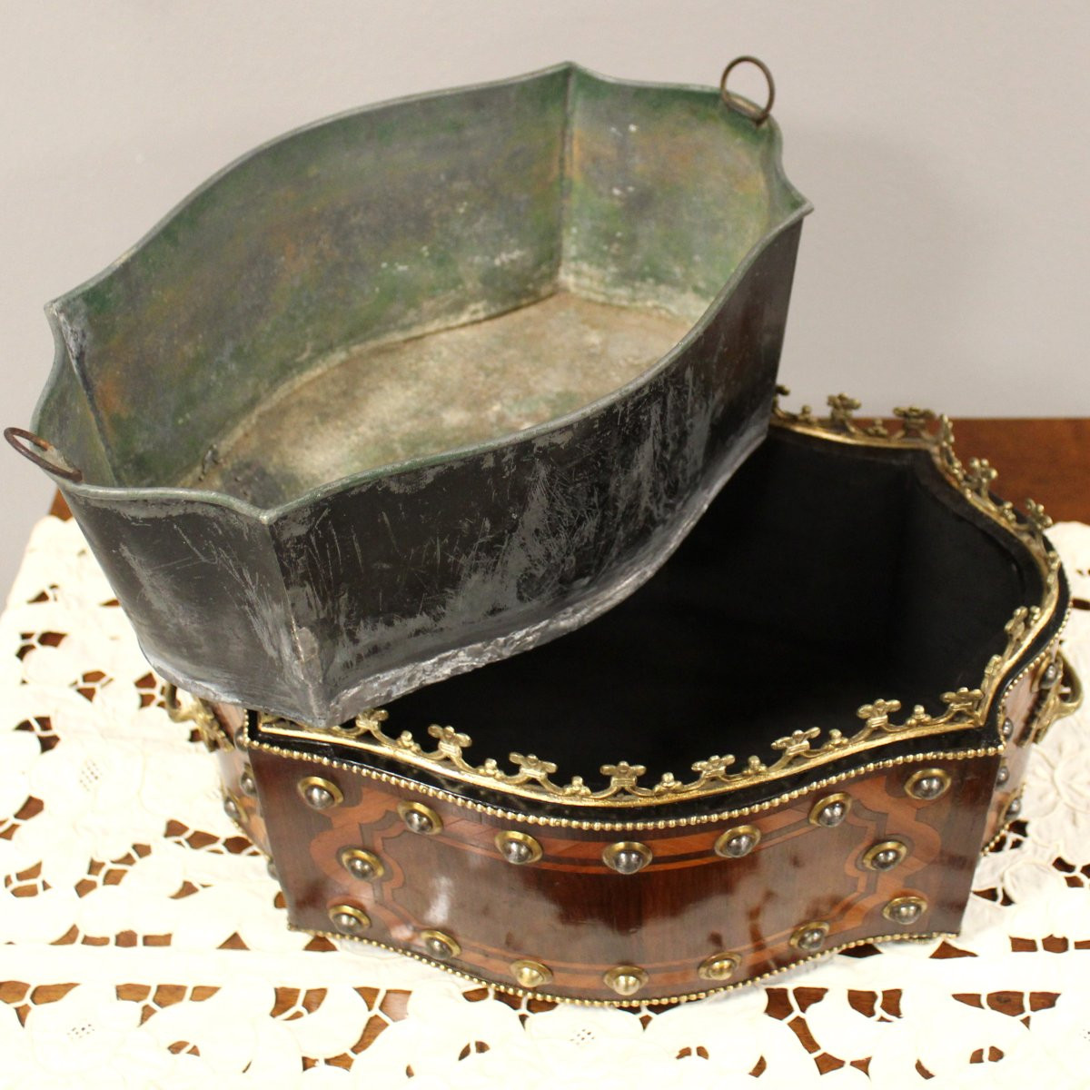 Antica jardiniere centrotavola fioriera Napoleone III intarsiata - 19°secolo-photo-4