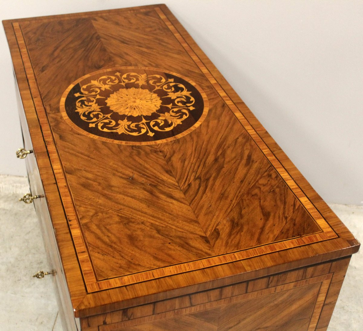 Antico cassettone comò Luigi XVI in noce intarsiato - Italia 18°secolo-photo-4