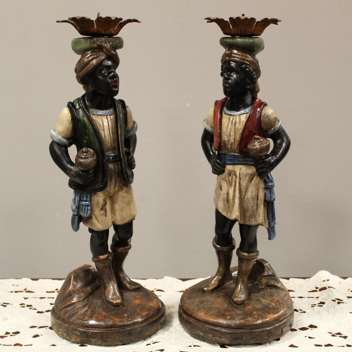 Antica coppia di Mori Veneziani portacero reggicero candelieri - Italia 19°secolo-photo-2