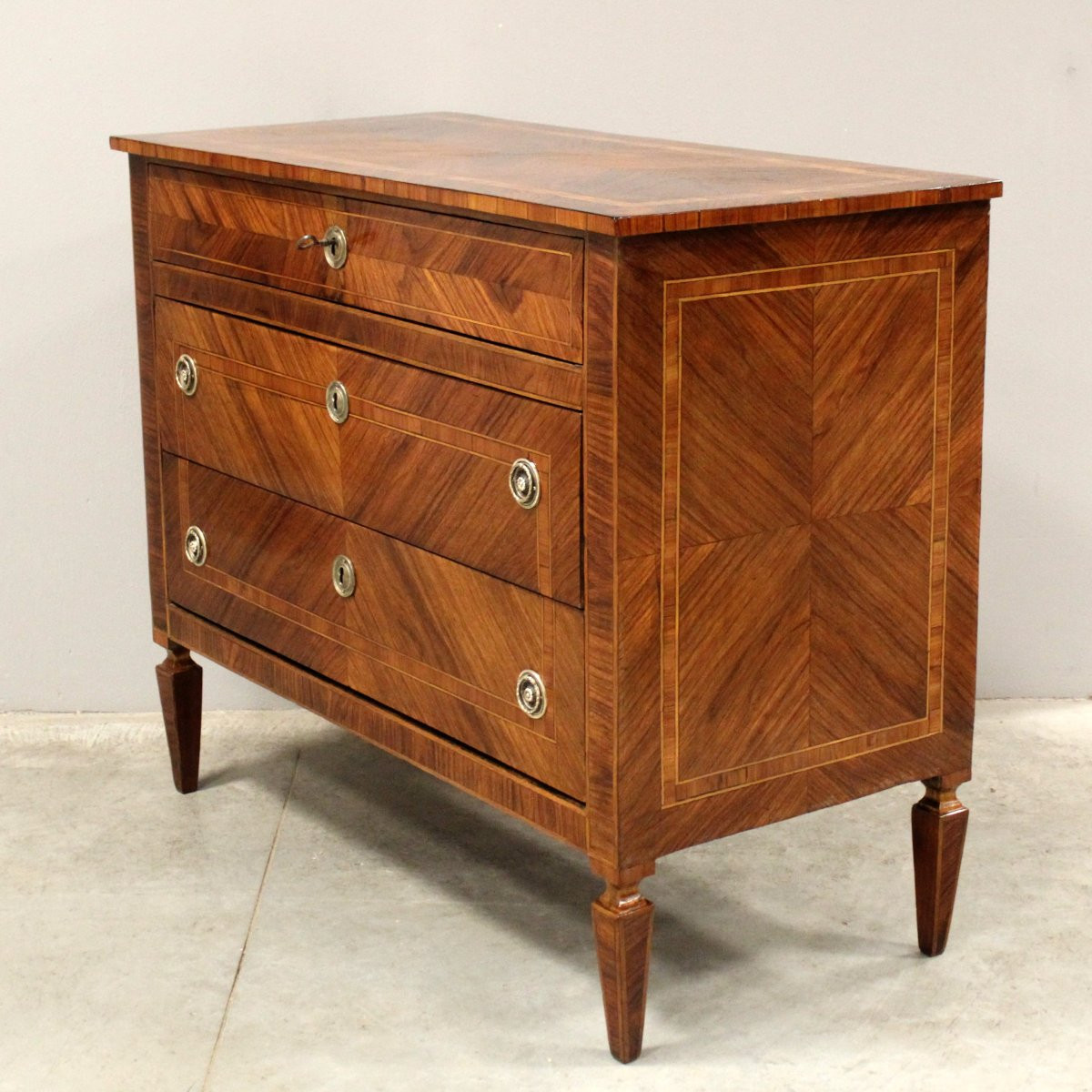 Antico cassettone comò Luigi XVI in noce intarsiato - Italia 19°secolo-photo-3