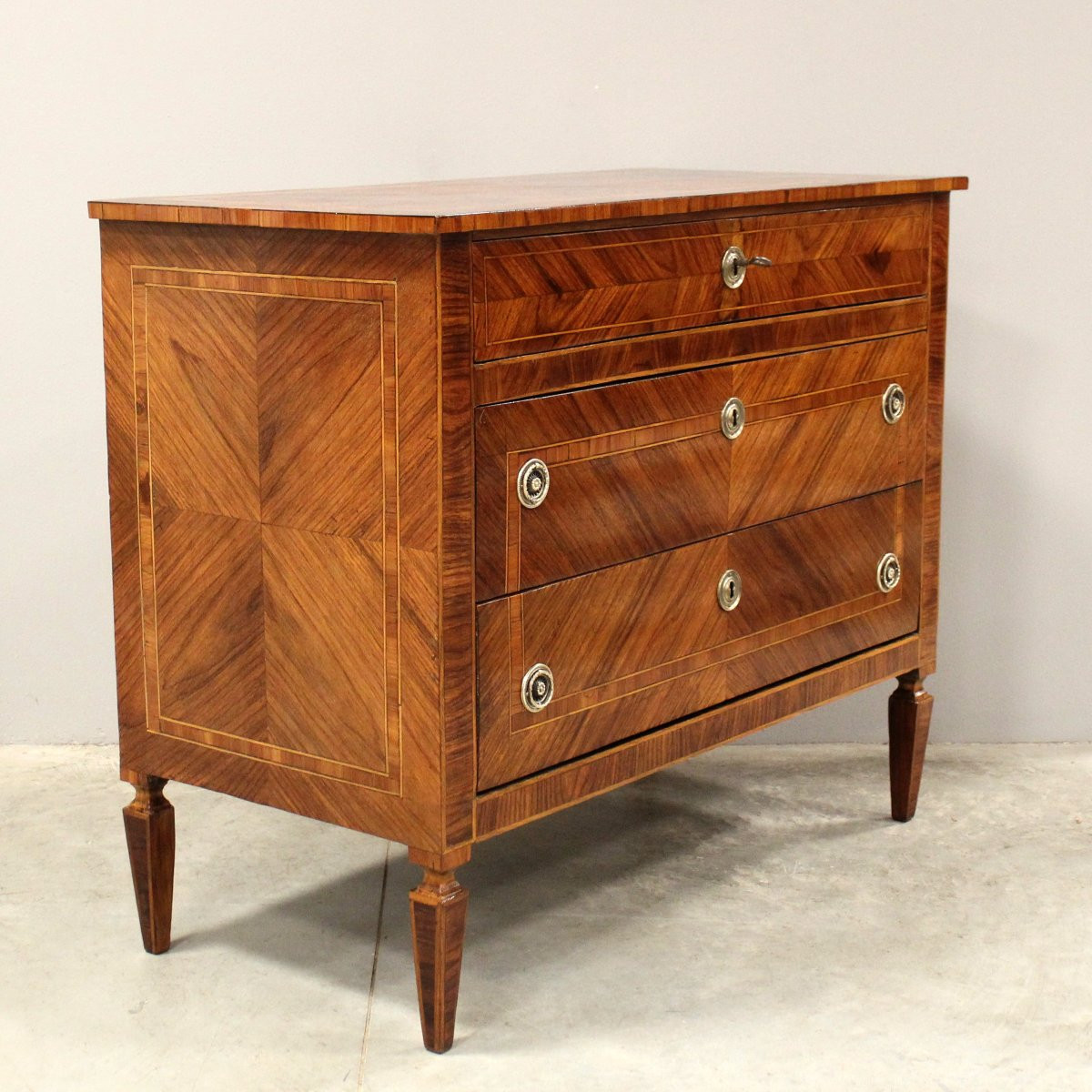 Antico cassettone comò Luigi XVI in noce intarsiato - Italia 19°secolo-photo-4