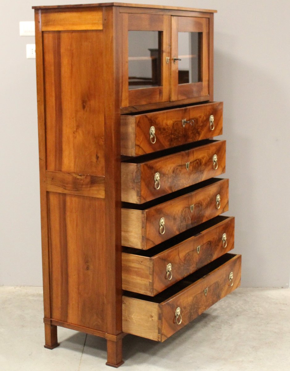 Antico cassettone cassettiera vetrina Impero in noce - 19°secolo-photo-1