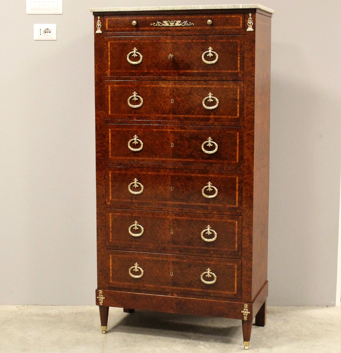 Antico settimanale settimino cassettiera Napoleone III intarsiato - 19°secolo