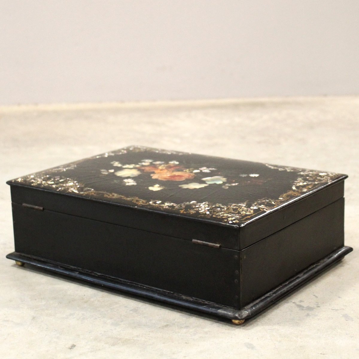 Antica scatola cofanetto in legno laccato dipinto intarsiato - 19°secolo-photo-4