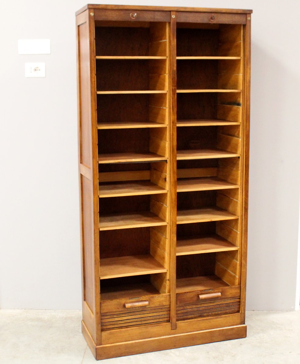 Antico classificatore serranda archivio schedario in rovere-photo-1
