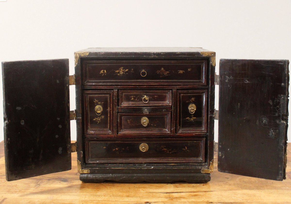 Antico monetiere cabinet portagioie da viaggio in legno laccato e dipinto - 19°secolo-photo-3